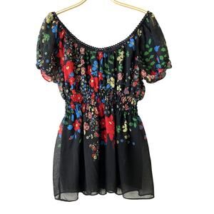 Studio 1940 Dark Floral Blouse Women L Black Red Smocked Cottagecore Whimsigoth